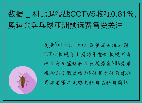 数据 _ 科比退役战CCTV5收视0.61%，奥运会乒乓球亚洲预选赛备受关注