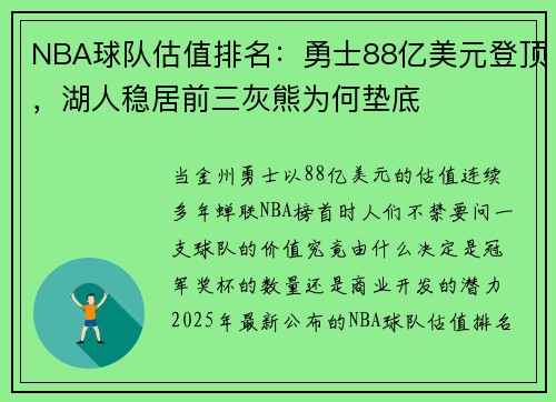 NBA球队估值排名：勇士88亿美元登顶，湖人稳居前三灰熊为何垫底